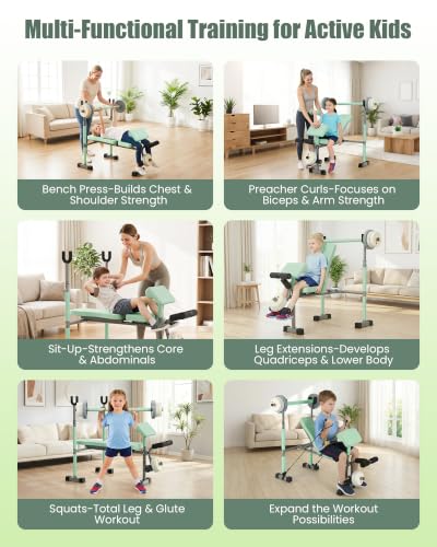 Kids Workout Equipment, Adjustable Kids Workout Bench with Preacher Pad & Leg Developer, Fillable Weight Plates for Home Gym Fitness & Exercise