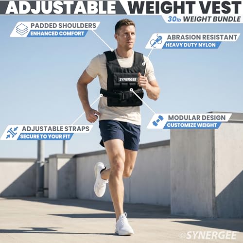 Synergee Adjustable Weighted Vest for Men & Women – 20 LB, 30 LB & 40 LB Options with Removable 2.5 LB Cast Iron Weights – Training Vest for Running, Rucking, Walking & Strength Training - color: 30LB