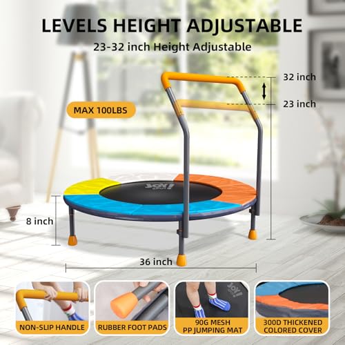 3FT Toddler Trampoline for Kids Ages 1-6, 36" Foldable Mini Trampoline with Adjustable Handle, Indoor/Outdoor Rebounder, Colorful Jumping Mat, Quiet Elastic Band, Safety No-Gap, Max Load 100 LBS