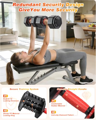 XDDIAS Adjustable Dumbbells Set of 2 for Strength Training, One-Hand Quick Adjust, 25/55/80/90 lbs Options, Anti-Slip Grip Handle, Compact Home Gym Weights for Men Women