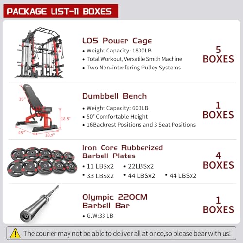 Multi-Purpose Squat Rack,Smith Machine Weight Rack Set with Cable Crossover System, Home Gym Power Racks, Power Racks and Packages - color: L05, size: Power cage Red+bench+(pole+Cast lron)338LBS