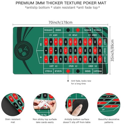 AQQA Roulette Table Mat 70 x 35 Inch, Durable, Water-Resistant Roulette Mat Made of 3mm Thick Rubber, Reinforced with Sturdy Stitching - Portable Casino Roulette Mat for Game Night Party