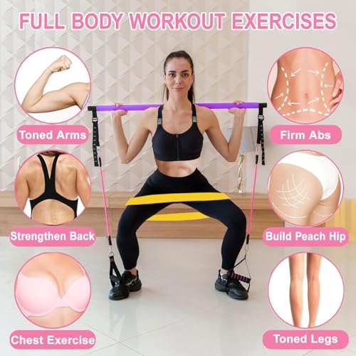 Pilates Bar Kit with Resistance Bands,Pilates Bar with Stackable Bands Workout Equipment for Legs,Hip,Waist and Arm,Exercise Fitness Equipment for Women & Men Home Gym Yoga Pilates - color: Violet