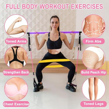 Pilates Bar Kit with Resistance Bands,Pilates Bar with Stackable Bands Workout Equipment for Legs,Hip,Waist and Arm,Exercise Fitness Equipment for Women & Men Home Gym Yoga Pilates - color: Violet