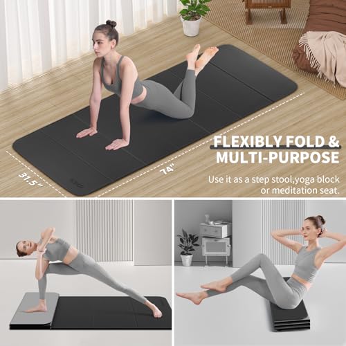 Foldable Extra Large Yoga Mat 74"×31.5", 8mm Double-Sided Non Slip Lightweight Fitness Mat for Man & Woman, Portable for Home Studio & Travel - color: Black+Gray