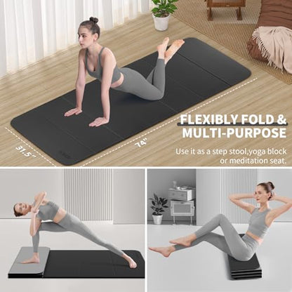 Foldable Extra Large Yoga Mat 74"×31.5", 8mm Double-Sided Non Slip Lightweight Fitness Mat for Man & Woman, Portable for Home Studio & Travel - color: Black+Gray
