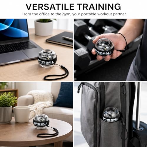 Gyro Ball Wrist Trainer, Auto Start Grip Strength Trainer with Battery-Free Self-Generating LED Lights, Forearm Trainer and Hand Exerciser, Torque Ball for Fitness, Office and Gaming - color: Black