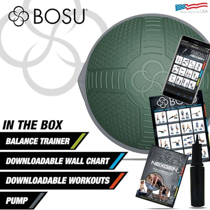 BOSU Nexgen Balance Trainer, Half-Ball Training Equipment, 65 cm Diameter, 300 lb Capacity - Burst-Resistant Stability Exercise Tool w/Non-Slip Base, Includes Hand Pump, Commercial-Grade - color: Militia Green/Gray