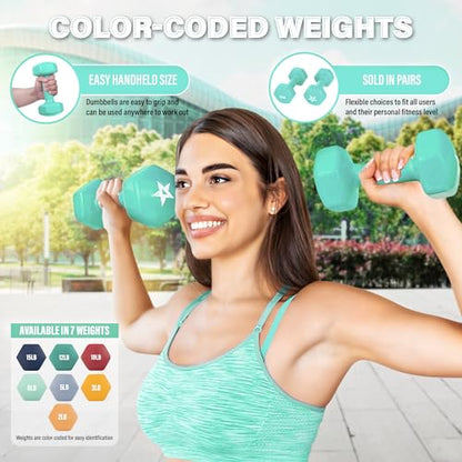 Yes4All Vinyl Hexagon Dumbbell - Dumbbells Set of 2 Hand Weights for Home Gym & Strength Training (2-15 lbs Weight Options) - color: D. 8 lbs - Bermuda - Pair