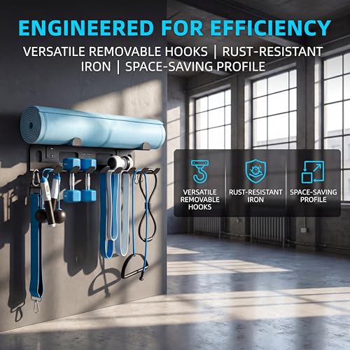 Heavy-Duty Metal Gym Storage Rack, Wall-Mounted Multi-Purpose Home Gym Organizer for Yoga Mat, Resistance Bands, Jump Ropes, Weight Belts - Space-Saving Garage Gym Storage with Removable Hooks