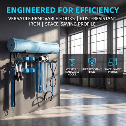 Heavy-Duty Metal Gym Storage Rack, Wall-Mounted Multi-Purpose Home Gym Organizer for Yoga Mat, Resistance Bands, Jump Ropes, Weight Belts - Space-Saving Garage Gym Storage with Removable Hooks