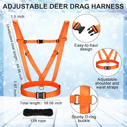 1 Pcs Dual Harness Deer Drag Harness and 1 Pcs Drag Sleds Heavy Duty Deer Dragging Strap with 2 Rope, Hunting Equipment for Hauling Elk Turkeys Game Animals(Tapered End,Blue)