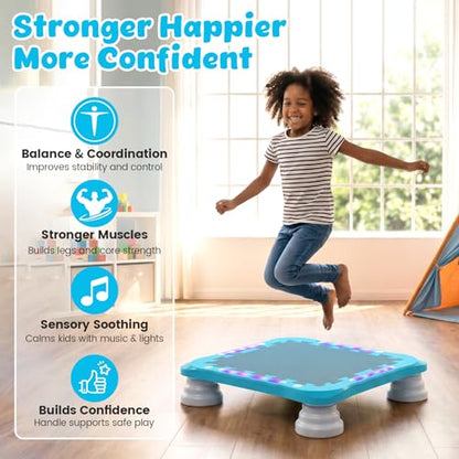 3-in-1 Mini Trampoline for Kids with Music & Lights, Indoor Outdoor Bounce Board, Removable Safety Handle, Sensory Balance Trainer, Non-Slip Base, Ages 3-12, Max 220 lbs
