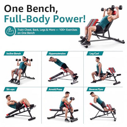OLIXIS Adjustable Weight Bench, 660 LBS Foldable Workout Bench Press | Heavy Duty Chest Press Machine with Hyper Back Extension & 2 Wheels, for Flat Incline Decline Sit Up for Home Gym - color: Inky Black & Red
