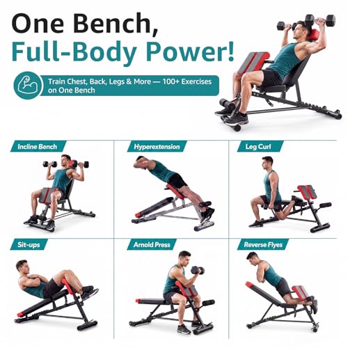 OLIXIS Adjustable Weight Bench, 660 LBS Foldable Workout Bench Press | Heavy Duty Chest Press Machine with Hyper Back Extension & 2 Wheels, for Flat Incline Decline Sit Up for Home Gym - color: Black & Red