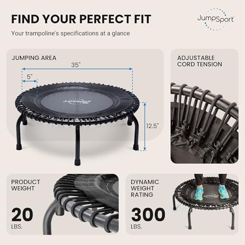 JumpSport 350 PRO 39 Inch Fitness Trampoline Indoor Rebounder Cardio Workout Equipment 300 lb Capacity - color: Matte Black
