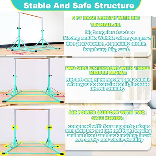 Gymnastic Bar For Kid and Teenage of 3-25, 5Ft/8 FT Base Length 4Ft Width 5Ft Adjust Height, Gymnastic Kip Bar For Gymnast, Gymnastic Training Equipment For Professional Training Home Club Use