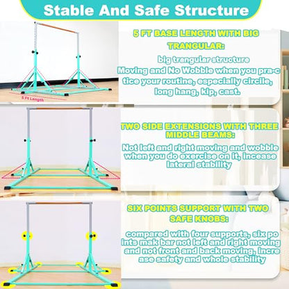 Gymnastic Bar For Kid and Teenage of 3-25, 5Ft/8 FT Base Length 4Ft Width 5Ft Adjust Height, Gymnastic Kip Bar For Gymnast, Gymnastic Training Equipment For Professional Training Home Club Use
