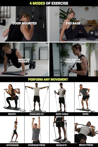 EVO Gym - Portable Home Gym Strength Training Equipment, At Home Gym | All in One Gym - Resistance Bands, Base Holds Gym Bar & Handles for Travel | Portable Gym & Home Exercise Equipment - style: Starter - 6 Bands (120 Pounds)