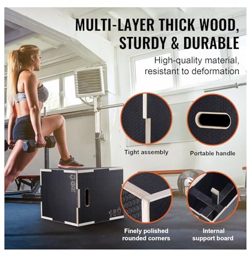 Plyometric Jump Box 3-in-1, 20/18/16 Inch Wooden Plyo Box for Fitness, Agility Training, Step Up Platform - Home Gym Equipment, Black