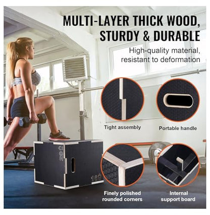 Plyometric Jump Box 3-in-1, 20/18/16 Inch Wooden Plyo Box for Fitness, Agility Training, Step Up Platform - Home Gym Equipment, Black