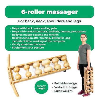 RIZONE 6-Rollers Massager for Back, Spine, Neck, Body and Legs Pain Relief – Wood Therapy Massage Tools