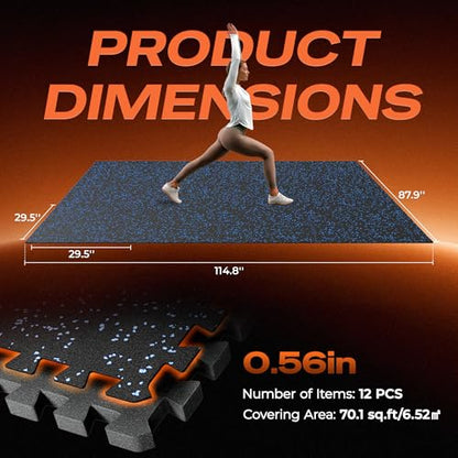 SUPERJARE 30" x 30" Larger Rubber Top Exercise Equipment Mats, 0.56" Thick 12PCS 75 Sq Ft High-Density EVA Foam Interlocking Gym Flooring, Big Workout Mat for Home Gym, Floor Protection, Black/Blue