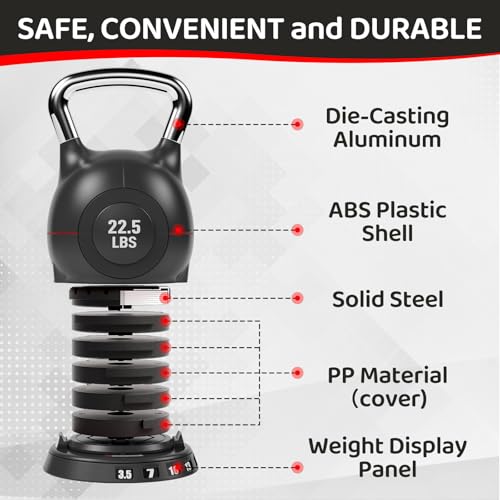 LIFERUN Adjustable Kettlebell Set with 7 Weight Levels, Choose 22.5 lb or 44 lb, Quick-Change Weight Dial & Safety Lock, Space-Saving Design, Full-Body Workout & Cross-Training