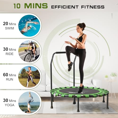 40/48" Fitness Trampoline for Adult, Max Load 450 LBS, Foldable Mini Trampoline with Durable Bungees,Small Rebounder Exercise Trampoline with Bar for Workout for Quiet & Safely Cushioned Bounce