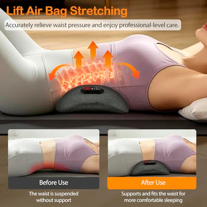 Gifts for Father 3-in-1 Electric Back Massager with Heat & Smooth Spine Technology Cordless Lumbar Support Cushion with Vibration, Stretch & Adjustable Height Deep Tissue Pain Relief for Lower Back