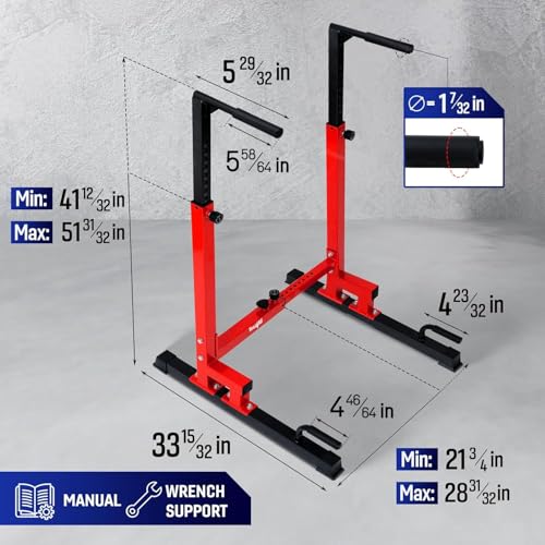 Yes4All Dip Stand 500 LBS Capacity, 80 Levels Adjustable Dip Bars, Dip Station Machine for Home Gym - color: Red & Black