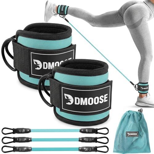 DMoose Fitness Ankle Strap for Cable Machine - One Size Fit with Premium Padding Cuffs, Ankle Bands for Working Out, Booty Workouts, Leg Extension, Hip Abductors, Kickbacks & Lower Body Exercises - color: Ankle Straps Cyan+ Tube Resistance Bands