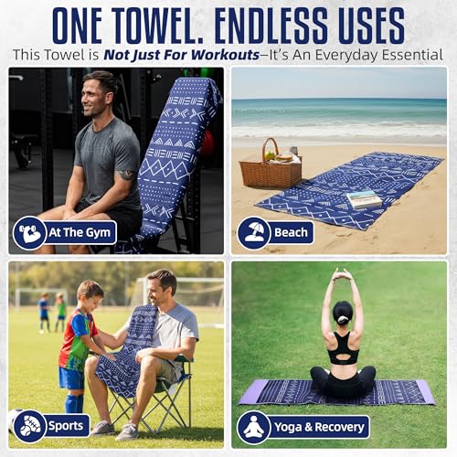 Hooded Microfiber Gym Towel – Highly Absorbent Car Seat Towel with Carry Bag – Double-Sided Sweat Towel, Reversible, Quick Dry & Sand-Resistant Fabric, Aztech Blue, 130 x 60cm