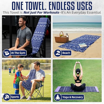 Hooded Microfiber Gym Towel – Highly Absorbent Car Seat Towel with Carry Bag – Double-Sided Sweat Towel, Reversible, Quick Dry & Sand-Resistant Fabric, Aztech Blue, 130 x 60cm