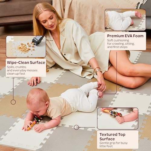 Foam Play Mat for Floor - 36 Interlocking Tiles 71x71 in, 0.6" Thick Puzzle Mat for Baby, Toddler & Home Gym, Cross-Texture EVA Foam, Edge Borders Included, White Tan Gray