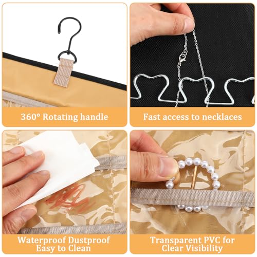 2pcs Double-Sided Hanging Jewelry Organizer for Closet with 48 Pockets & 21 Necklace Hooks Wall Mount Earring Holder Organizers Bracelet Necklace Display Hanger for Women Closet Wall Rings Display