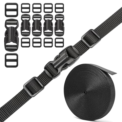 BEYOURD 5/8" Buckle and Strap Set: 6 Yards of Thick Nylon Webbing, 6 Pack Quick Side Release Adjustable Plastic Buckles, 12 Tri-Glide Slide Clips, Black (5/8 Inch Combo Set) - style: 5/8" Combo Set