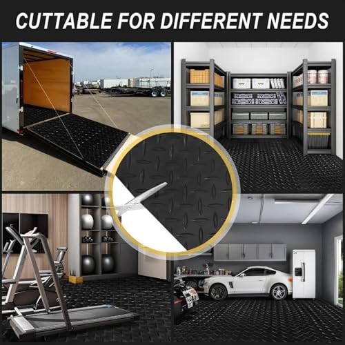 3mm Diamond-Plate Rubber Flooring Roll - Easy to Cut Waterproof Anti-Slip Mat, Heavy Duty Floor Protection for Garage, Gym, Stable, Basement, Kennel, 4' x 14' - size: 4 ft x 14 ft x 0.1 in