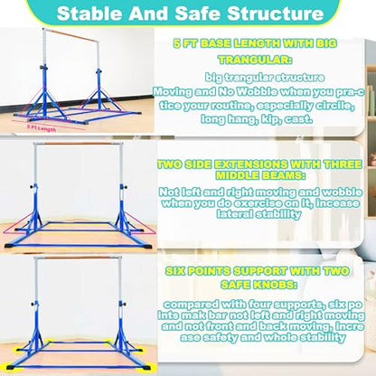 MARFULA Gymnastic Kip Bar for Kids Teens Ages 3-25 of All Gymnastic Levels - color: Blue(5 Ft Base)