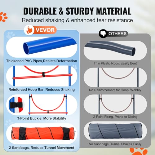 VEVOR Dog Agility Training Equipment, Dog Obstacle Course Backyard Set with Adjustable High Hurdles,6 Weave Poles,Extended Tunnel,Jump Ring,Pause Box,Whistle Foldable Bowl Training Pouch Storage Bag - size: 8 Pcs Set