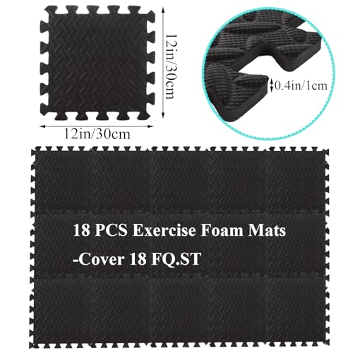 18 PCS 12" x 12" x 0.4" Gym Mats for Home Gym Black Removable Foam Floor Tiles Eva Gym Flooring for Home Cover 18 Sq.Ft Exercise Mats for Workout Interlocking Foam Tiles