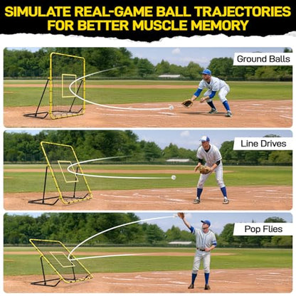 Baseball & Softball Rebounder Net with Carry Bag，7 Angles Adjustable Pitchback for Fly Balls, Grounders & Line Drives,Portable Fielding Trainer，4x4.5FT Bounce Back Net for All Players
