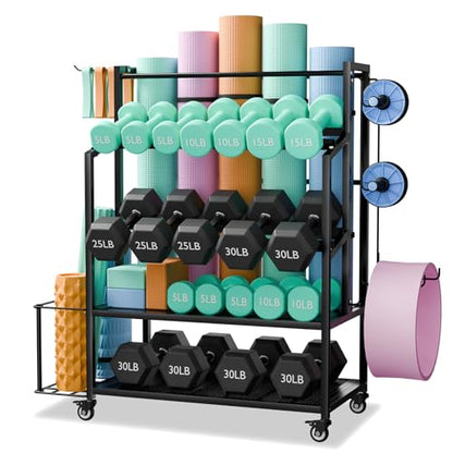 Dumbbell Rack with Wheels, Adjustable Heavy Duty Weight Stand for Dumbbells Kettlebells, Multi-Purpose Home Gym Storage Organizer for Yoga Mat Foam Roller, Workout Equipment Storage Rack