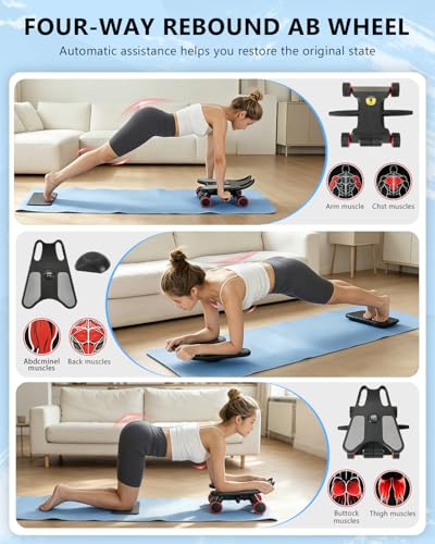 Ab Roller Wheel, Ab Roller, Upgraded Automatic Rebound Ab Roller with Elbow Support, Knee Mat & Timer, 4 Wheels Ab Workout Equipment for Core Strength Training, Silent Ab Wheel for Beginners Men Women Home Gym Fitness