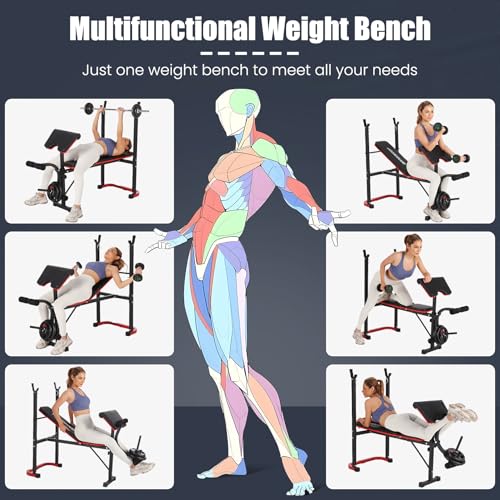OPPSDECOR 661LBS Weight Bench Set, 8 in 1 Adjustable Bench Press with Squat Rack Leg Extension & Leg Curl Foldable Workout Bench with Safety Bar Catches Standard Weight Training Benches for Home Gym