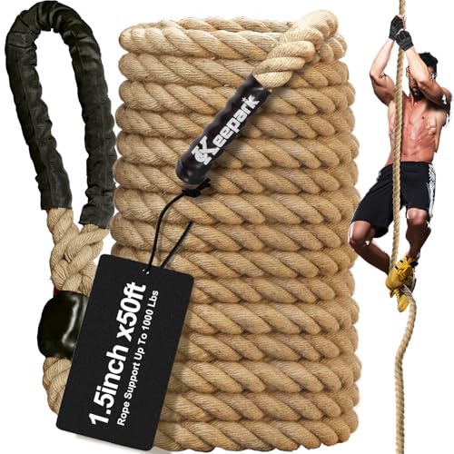 Climbing Rope Gym Exercise Ropes - 1.5 Inch Diameter 10FT 15FT 20FT 25FT 30FT 35FT 40FT 50FT Climb Rope for Fitness & Strength Training, Workout Climbing Rope for Adults Home Indoor or Outdoor - style: 1.5inch-50ft