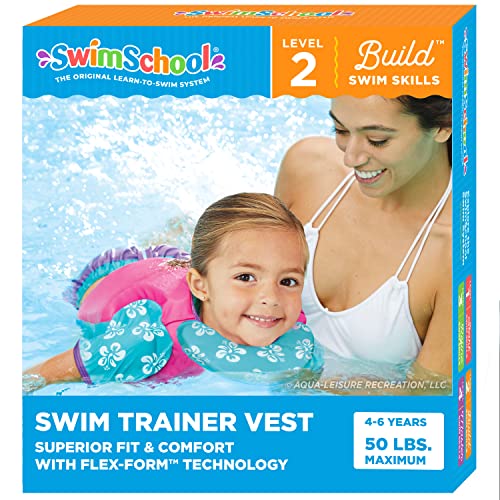 SwimSchool Kids Swim Trainer Vests for Toddlers Ages 2-6 – Boys/Girls – Multiple Colors/Styles – Learn to Swim Floaties - color: M/L Pink/Aqua Swim Vest w/Chin-Up Collar