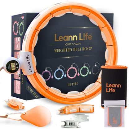 U5 Smart Weighted Hula Hoop with Counter, Waist Trimmer & Wash Bag –16 Knots, 28"–46" Adjustable Infinity Hoop Plus Size, Quiet Rubberized Wheels, Abdominal Toner - color: Orange + Waist Trimmer