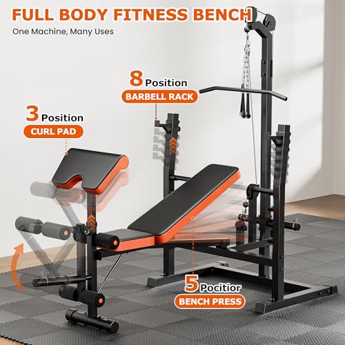 9-in-1 Adjustable Olympic Weight Bench with Lat Pulldown, Row, Squat Rack & Leg Curl – Multi-Function Strength Training Bench Press for Home Gym Full Body Workout