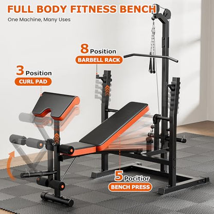 9-in-1 Adjustable Olympic Weight Bench with Lat Pulldown, Row, Squat Rack & Leg Curl – Multi-Function Strength Training Bench Press for Home Gym Full Body Workout